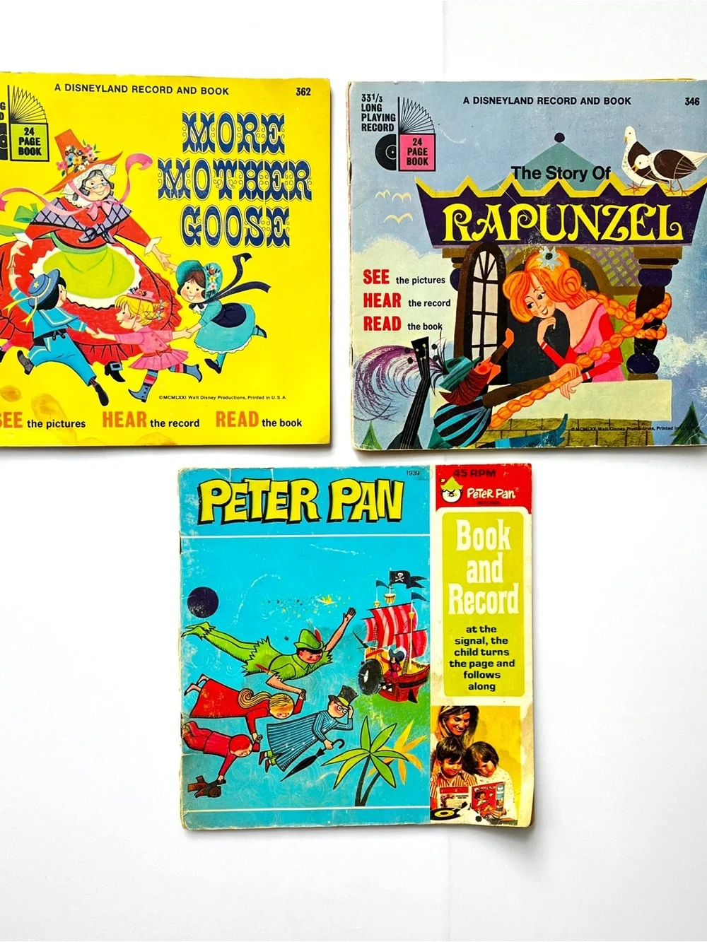 VTG Disney More Mother Goose Peter Pan Rapunzel Book Record Bundle